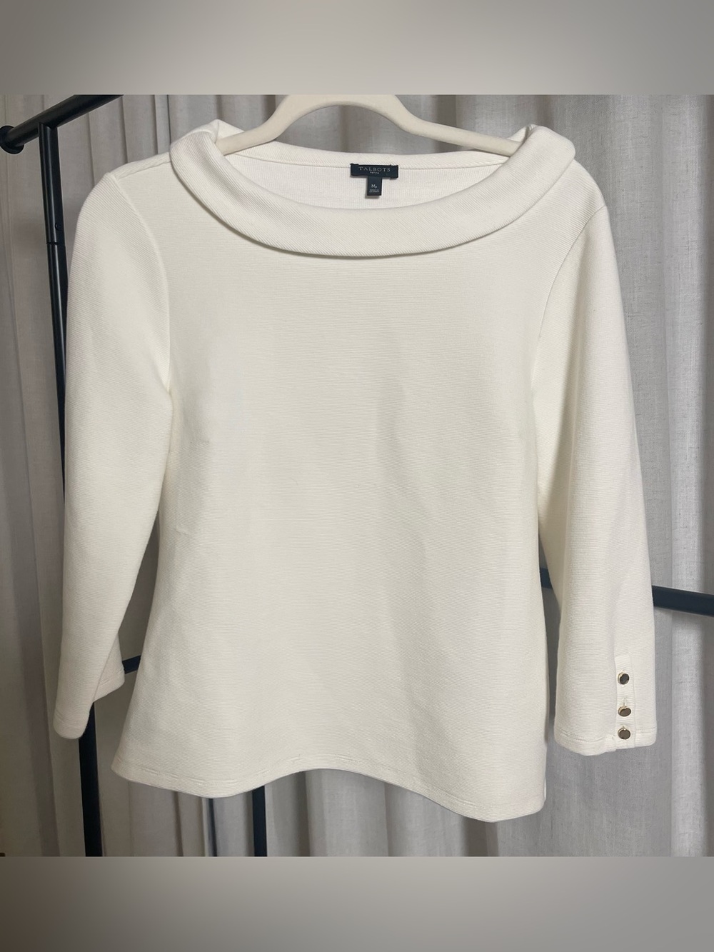 Talbots Cream Petite Boatneck Knit Top with Gold Buttons